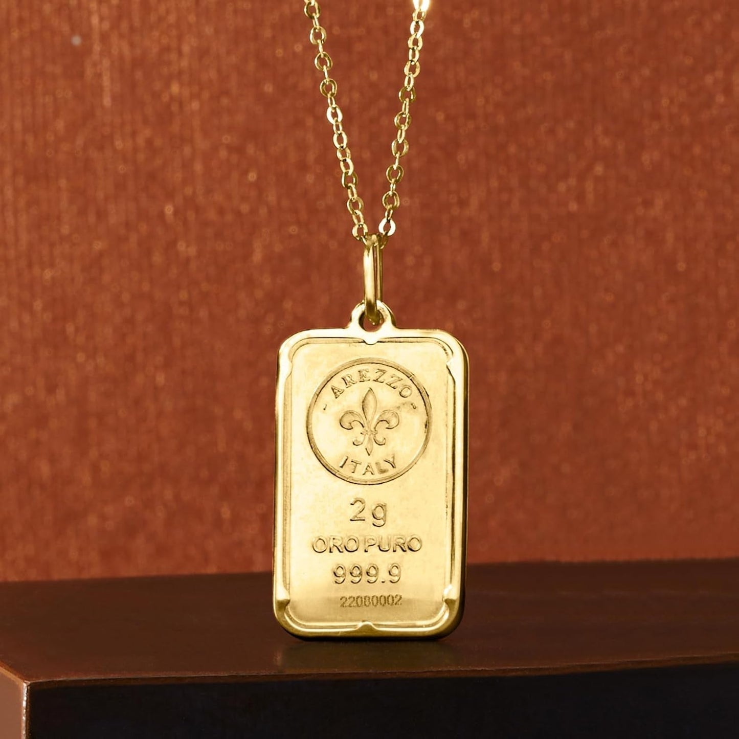 Italian 24Kt Yellow Gold Fleur-De-Lis 2-Gram Ingot Pendant Necklace with 14Kt Yellow Gold Frame. 20 Inches