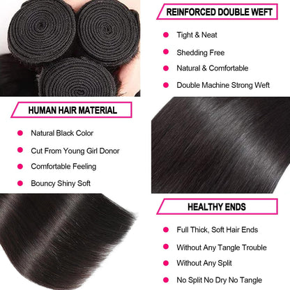 12A Human Hair Bundles Straight 16 18 20 Inch 3 Bundles Human Hair 100% Unprocessed Brazilian Virgin Hair Bundles Deals Human Hair Weave Bundles Human Hair Extension Double Weft Natural Color