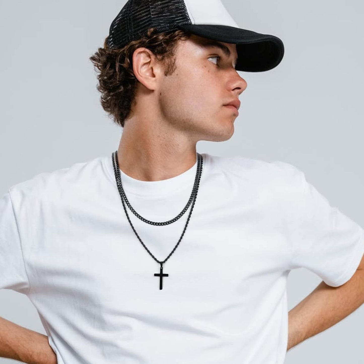 Valentines Gifts for Him Teen Boys - Cross Necklace for Men, Gold Black Silver Mens Cross Necklaces Stainless Steel Cross Pendant Necklace Simple Jewelry Gifts Cross Chain Necklaces for Men