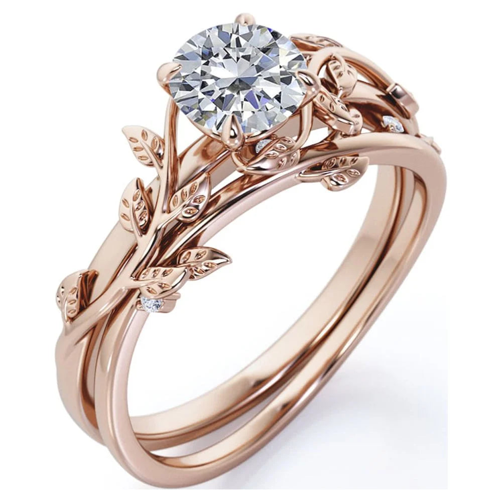 Half Carat round Real Diamond Bridal Set - Leaf and Vine Diamond Wedding Ring Set - 10K Rose Gold