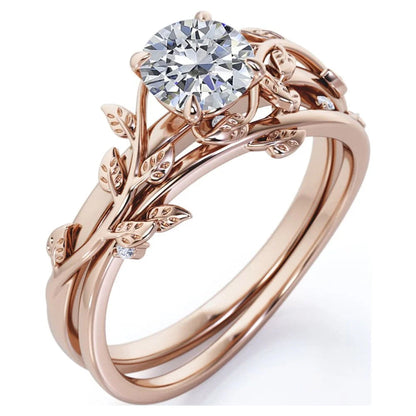 Half Carat round Real Diamond Bridal Set - Leaf and Vine Diamond Wedding Ring Set - 10K Rose Gold