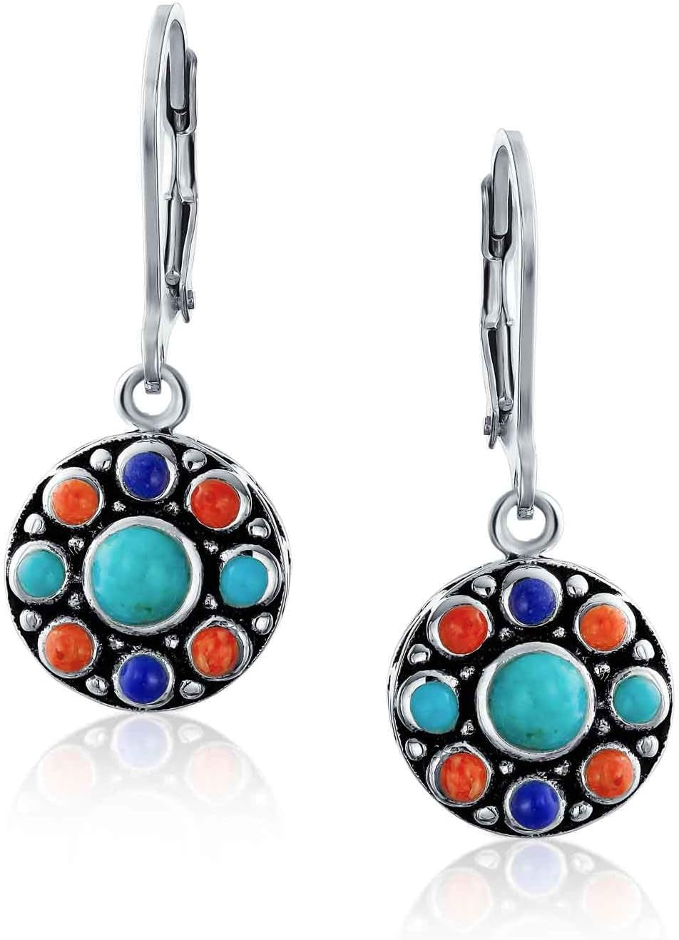 Western Jewelry Multicolor Gemstone Orange Purple Turquoise round Circle Oval Medallion Disc Dangle Earrings for Women Oxidized .925 Sterling Silver Lever Back - WORLD TIME VISITS