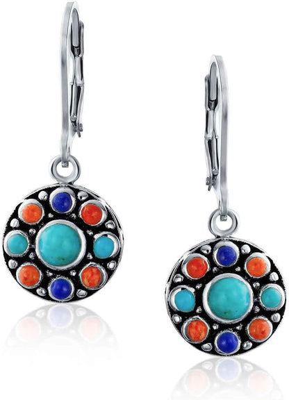 Western Jewelry Multicolor Gemstone Orange Purple Turquoise round Circle Oval Medallion Disc Dangle Earrings for Women Oxidized .925 Sterling Silver Lever Back - WORLD TIME VISITS