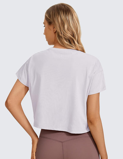 Women'S Pima Cotton Workout Short Sleeve Shirts Loose Athletic Crop Tops Gym Casual Cropped T-Shirt