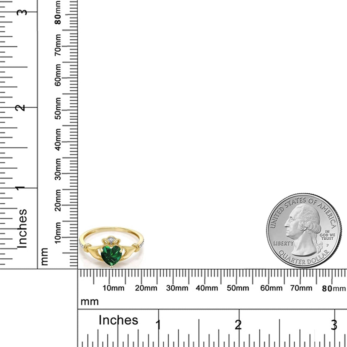 10K Yellow Gold Green Simulated Emerald and Diamond Accent Irish Celtic Claddagh Ring for Women (0.74 Cttw, Available in Size 5, 6, 7, 8, 9)