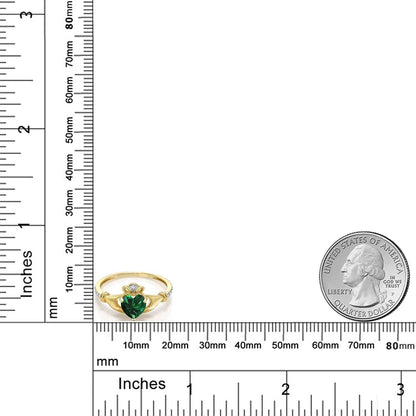 10K Yellow Gold Green Simulated Emerald and Diamond Accent Irish Celtic Claddagh Ring for Women (0.74 Cttw, Available in Size 5, 6, 7, 8, 9)