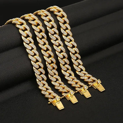 Men's Hip Hop Iced Out Paved Rhinestones 13MM Gold/Silver/Rose Gold Full Miami Curb Cuban Chain Bling Necklace Bracelet Set Jewelry Gifts
