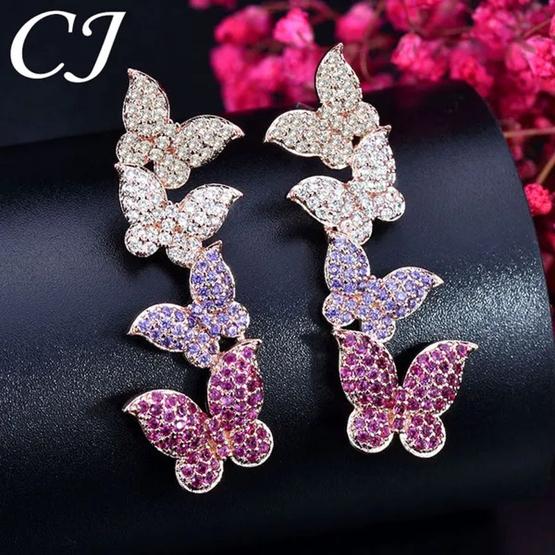 CANDICE Beautiful Butter-Fly Drop Full Micro Pave Tiny CZ Long Earrings Lady Fashion 585 Rose Gold Plated Ear Jewelry - WORLD TIME VISITS