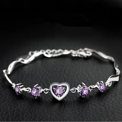 925 Sterling Silver Heart-shaped Amethyst Bracelet Ladies Fashion Jewelry Christmas Gift