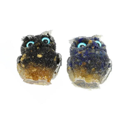 2" Owl Statue, Pack of 2, Resin Owl Shape Filled with Lapis Lazuli & Black Obsidian Crystal Gemstone Figurine, Healing Stone Home Decor, Christmas Gift