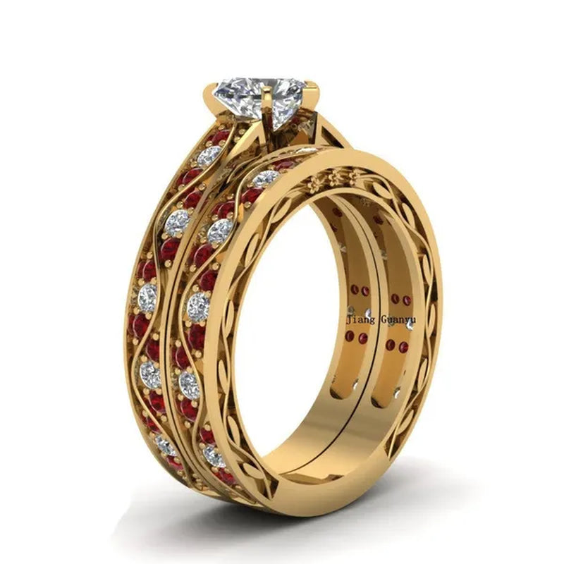 Sz 6-9 Cocktail Ring Champagne Gold Heart Zircon Ruby Women's Wedding Ring Engagement Ring Sets