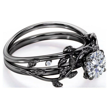 Half Carat round Real Diamond Bridal Set - Leaf and Vine Diamond Wedding Ring Set - 10K Black Gold