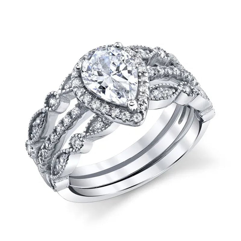1.32Ct Sterling Silver 3Pc Pear Shape Bridal Set Engagement Wedding Ring CZ - WORLD TIME VISITS
