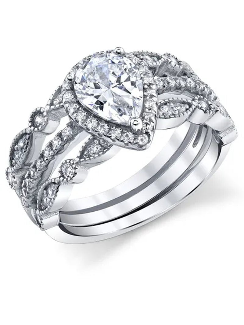 1.32Ct Sterling Silver 3Pc Pear Shape Bridal Set Engagement Wedding Ring CZ