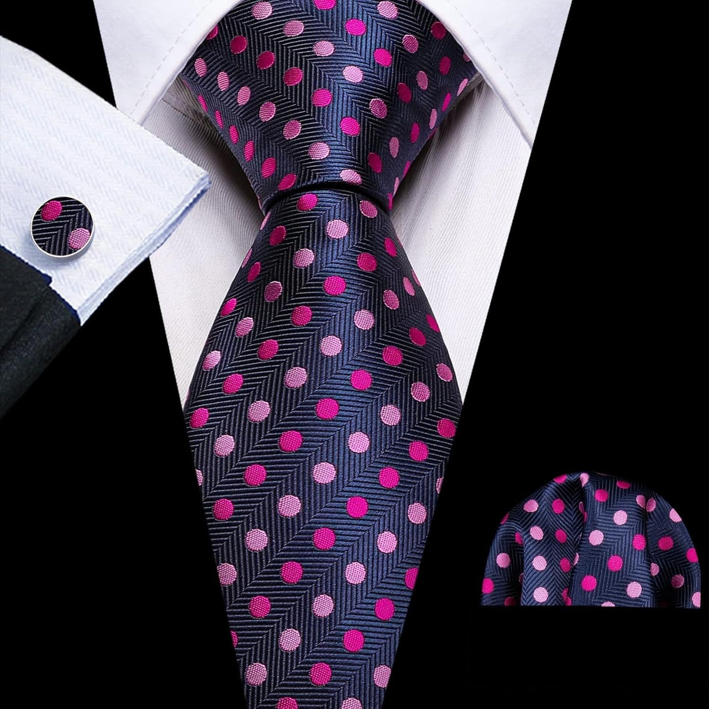 Men'S Tie Set Polka Dot Handkerchief Cufflinks Plaid Fashion Neckties Wedding Business