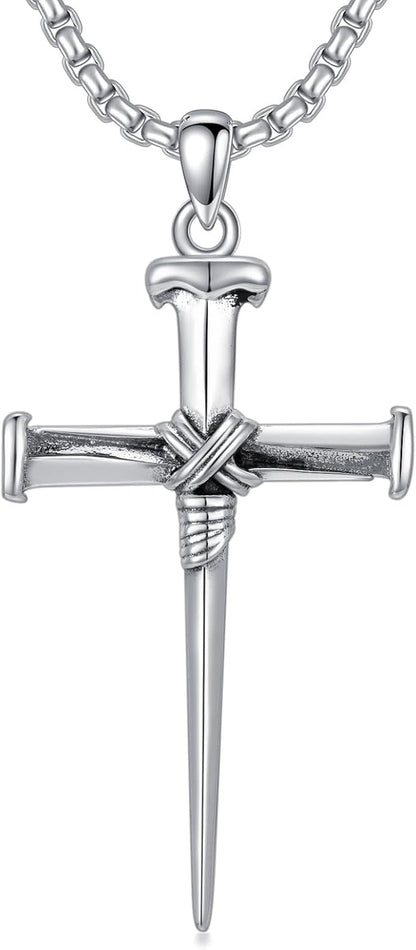 Three Nail Cross Necklace 925 Sterling Silver 3 Nail Cross Pendant Christian Jewelry Gifts for Men 22+2" - WORLD TIME VISITS