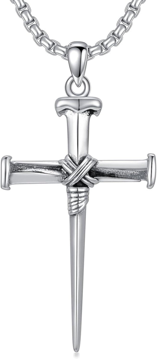 Three Nail Cross Necklace 925 Sterling Silver 3 Nail Cross Pendant Christian Jewelry Gifts for Men 22+2" - WORLD TIME VISITS