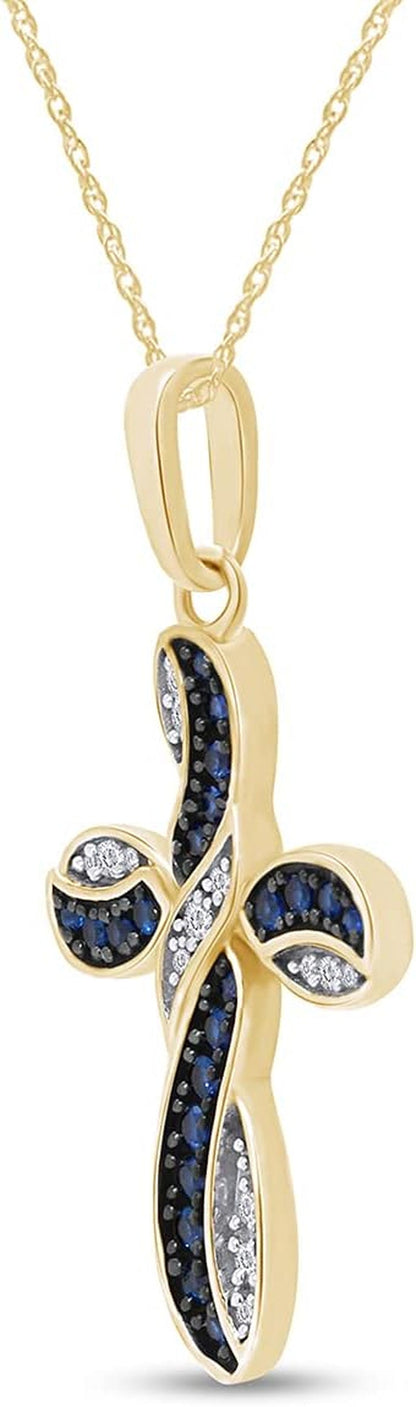 round Simulated Blue Sapphire & White Cubic Zirconia Cross Pendant Necklace in 14K Gold over Sterling Silver 18" Chain - WORLD TIME VISITS