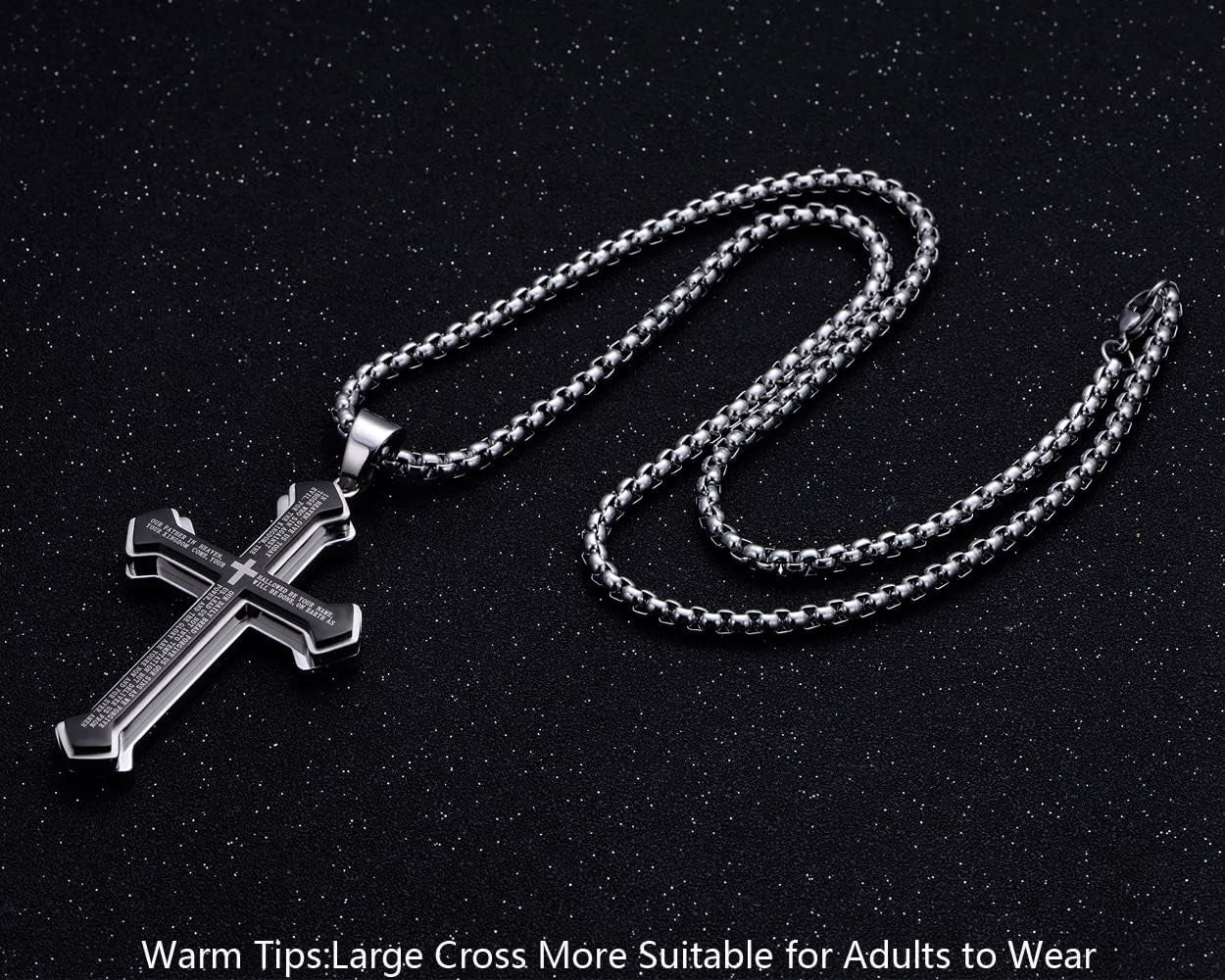 Men'S Stainless Steel Nail Lord'S Prayer Cross Pendant Necklace for Men Women Big Pendant and Strong Chain 24"