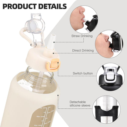 64 Oz Glass Water Bolttles with Straw Half Gallon Large Motivational Water Bottle with Time Marker Sports Water Bottles with Silicone Sleeve and Handle Lid Water Jug for Gym Workout - WORLD TIME VISITS