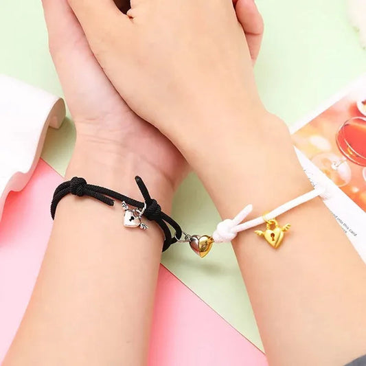 2Pcs Magnetic Bracelet Stainless Steel Heart Pendant Charm Couple Bracelets for Lover Friend Men Women Braid Rope Bracelets - WORLD TIME VISITS