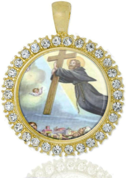 St Joseph of Cupertino Christian round Medal Gold Tone Pendant with Rhinestones - WORLD TIME VISITS