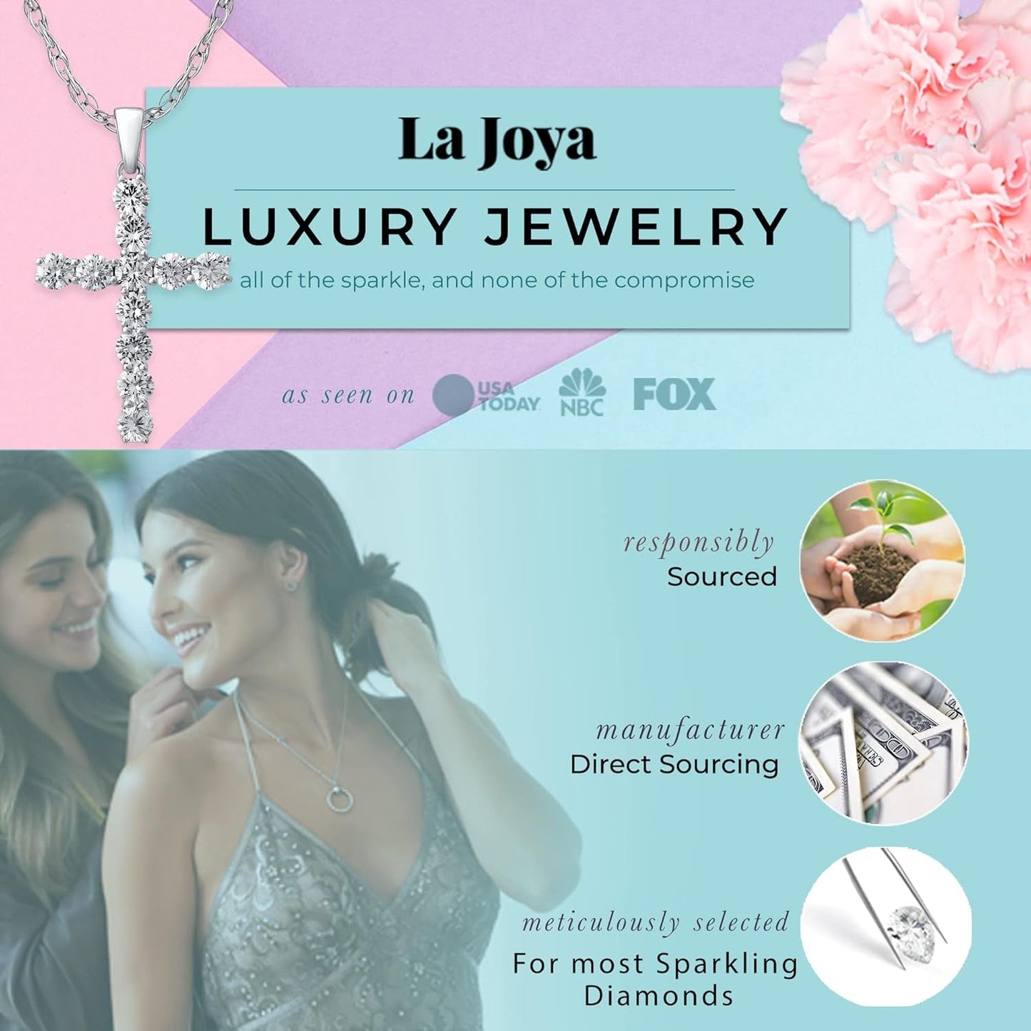 Lab Grown Diamond Cross Necklace for Women | 1/20-2 1/2 CT. TW. White Rhodium Plated 925 Sterling Silver Cross Diamond Pendant Necklace | Accompanied by an Adjustable Silver Chain