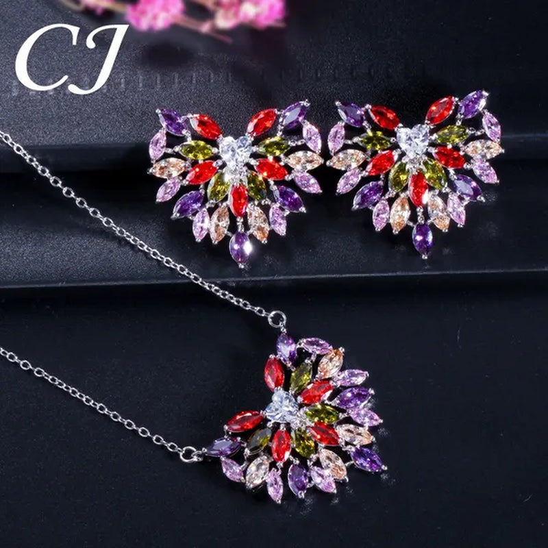 CANDICE New Fashion Women Heart Pendant Jewelry Set Pave Purple Red Green Marquise Cubic Zirconia Party Chain Necklace Big Stud Earrings Sets for Girls Gift - WORLD TIME VISITS