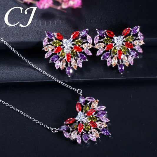 CANDICE New Fashion Women Heart Pendant Jewelry Set Pave Purple Red Green Marquise Cubic Zirconia Party Chain Necklace Big Stud Earrings Sets for Girls Gift - WORLD TIME VISITS