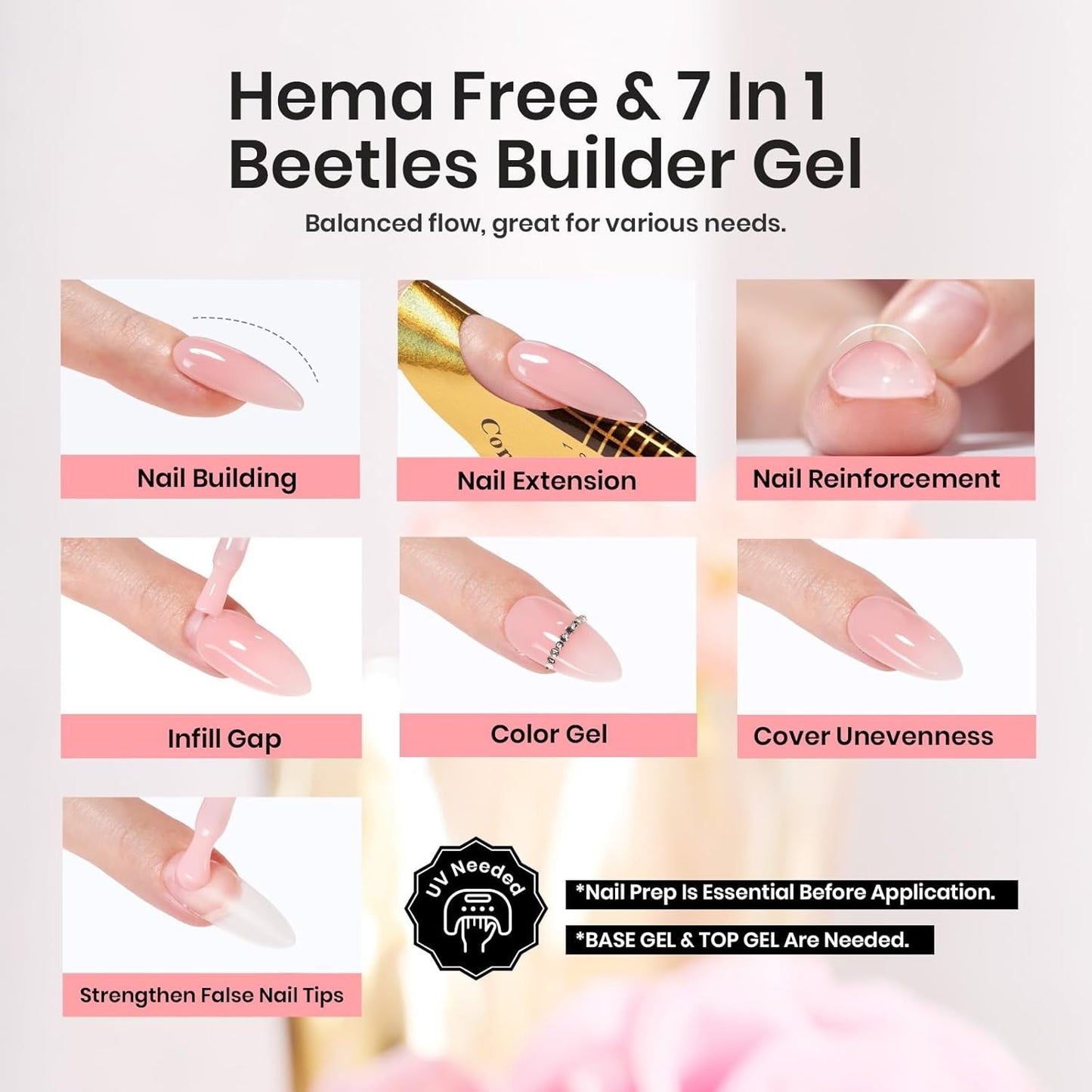 Beetles Builder Gel, Hema Free Jelly Pink Builder Nail Gel for Nails, Nail Strengthener Building Extension Gel in a Bottle 7 in 1 Nails Thickening & Repair