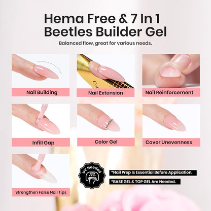 Beetles Builder Gel, Hema Free Jelly Pink Builder Nail Gel for Nails, Nail Strengthener Building Extension Gel in a Bottle 7 in 1 Nails Thickening & Repair