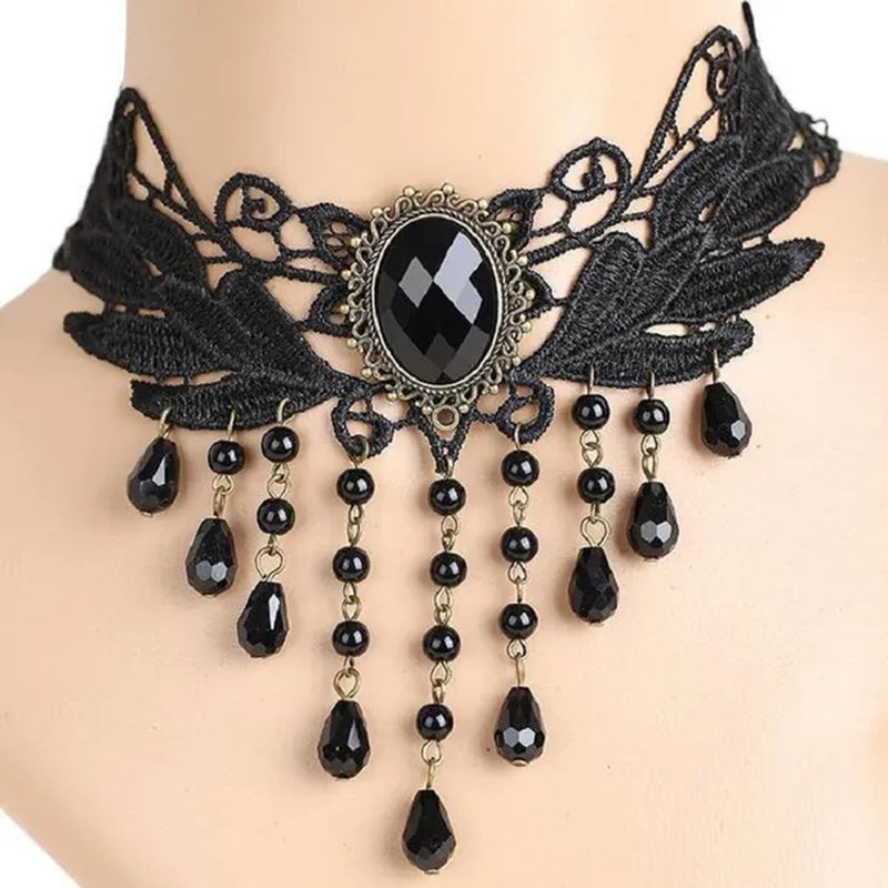 White Lace Necklace Chokers Black Collares Vintage Style Female Gothic Wedding Red Rose Crystal Diamond Pendant Collarbone Necklaces Chain Accessories for Women Girls