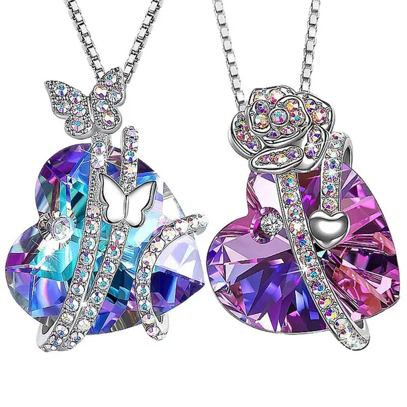 Elegant Fashion Women'S Creative Heart-Shaped Crystal Necklace Rose Necklace Butterfly Necklace Multicolor Love Diamond Flower Pendant Engagement Necklace Women'S Diamond Jewelry Birthday Party Gift Jewelry