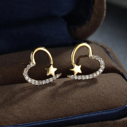 14K Gold Love Heart Star White Zircon Stud Earrings for Women Wedding Engagement Bride Jewelry Gift