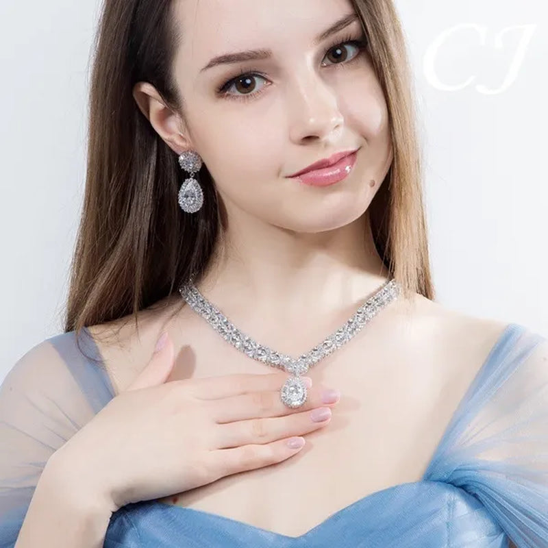 CANDICE Twinkling CZ Stone Setting Luxury Water Drop Pendant Necklace and Earrings Elegant White Gold Plating Jewelry Wedding Set Bridal Accessories for Bride