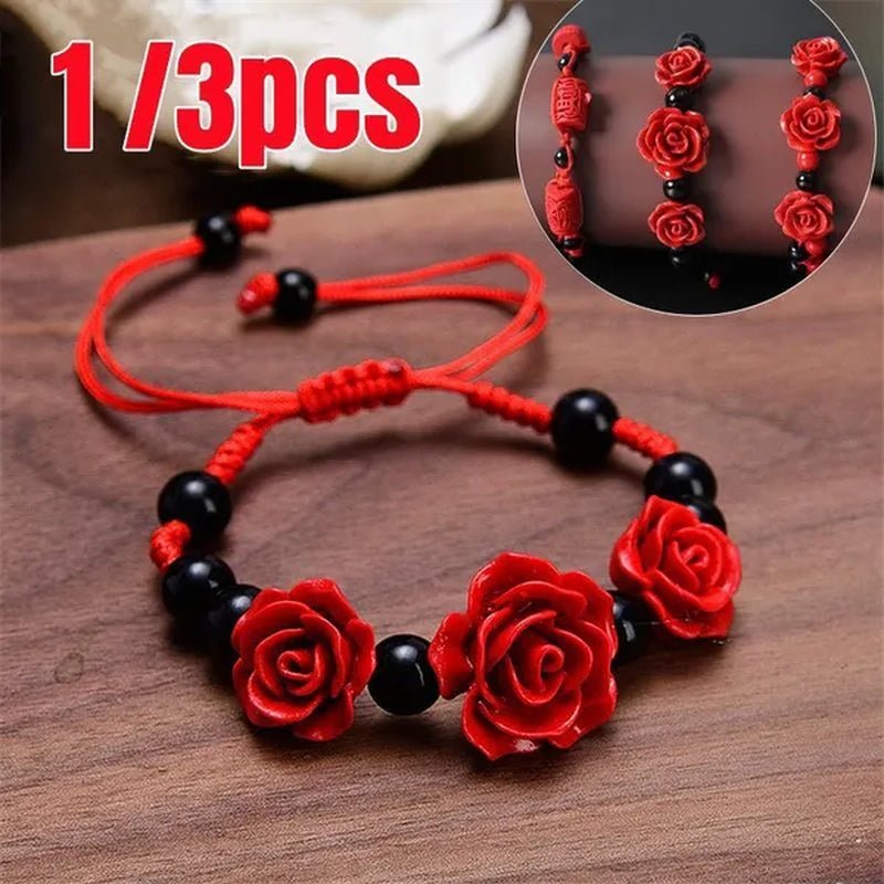 1/3Pcs Fashion Women Rose Bracelet Ethnic Handicraft Lacquer Carved Cinnabar Rose Flower Bracelet for Women Red Rope Beaded Bracelet - WORLD TIME VISITS