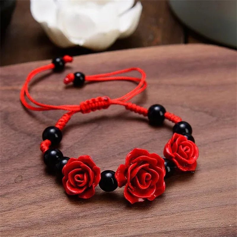 1/3Pcs Fashion Women Rose Bracelet Ethnic Handicraft Lacquer Carved Cinnabar Rose Flower Bracelet for Women Red Rope Beaded Bracelet - WORLD TIME VISITS