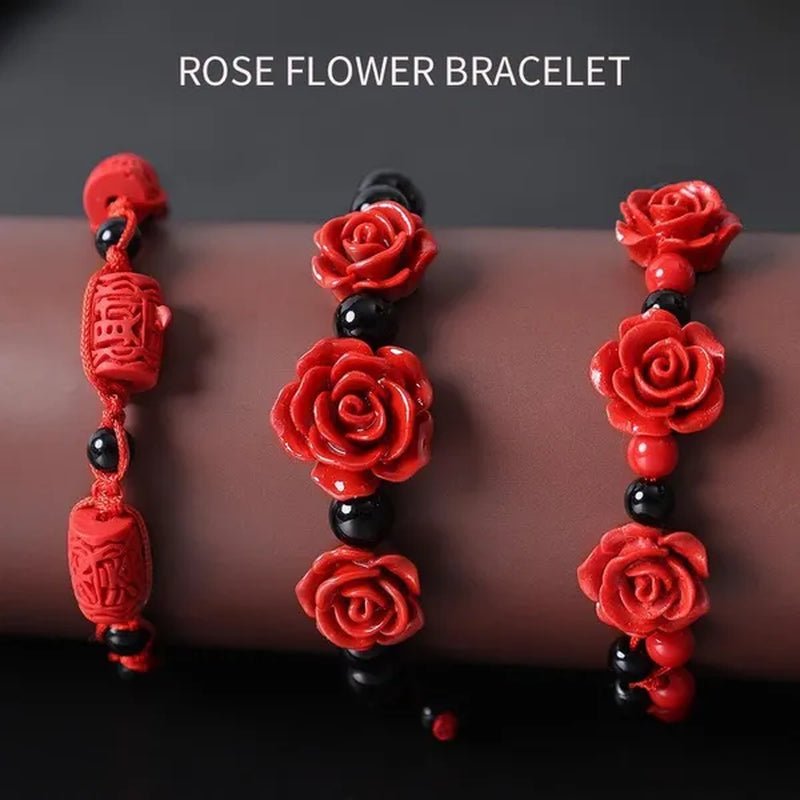 1/3Pcs Fashion Women Rose Bracelet Ethnic Handicraft Lacquer Carved Cinnabar Rose Flower Bracelet for Women Red Rope Beaded Bracelet