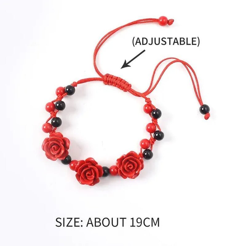 1/3Pcs Fashion Women Rose Bracelet Ethnic Handicraft Lacquer Carved Cinnabar Rose Flower Bracelet for Women Red Rope Beaded Bracelet