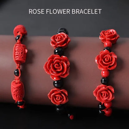 1/3Pcs Fashion Women Rose Bracelet Ethnic Handicraft Lacquer Carved Cinnabar Rose Flower Bracelet for Women Red Rope Beaded Bracelet - WORLD TIME VISITS