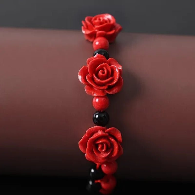 1/3Pcs Fashion Women Rose Bracelet Ethnic Handicraft Lacquer Carved Cinnabar Rose Flower Bracelet for Women Red Rope Beaded Bracelet