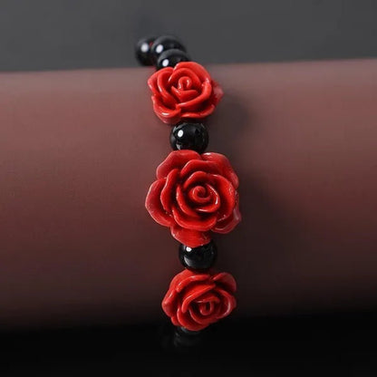 1/3Pcs Fashion Women Rose Bracelet Ethnic Handicraft Lacquer Carved Cinnabar Rose Flower Bracelet for Women Red Rope Beaded Bracelet