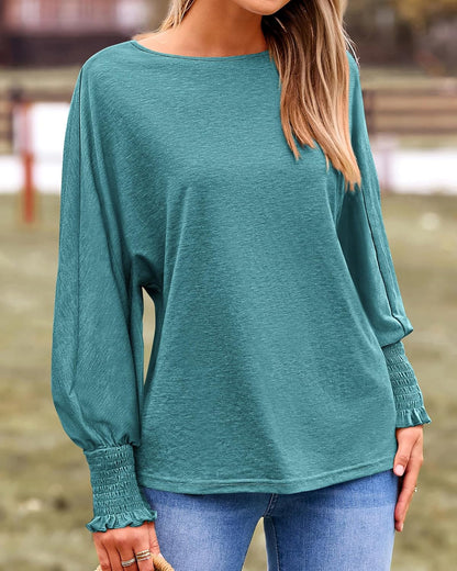 Womens Long Sleeve Tops Fall Outfits 2024 Dressy Casual Crew Neck Tee Shirts Smocked Loose Top Tunic Blouse
