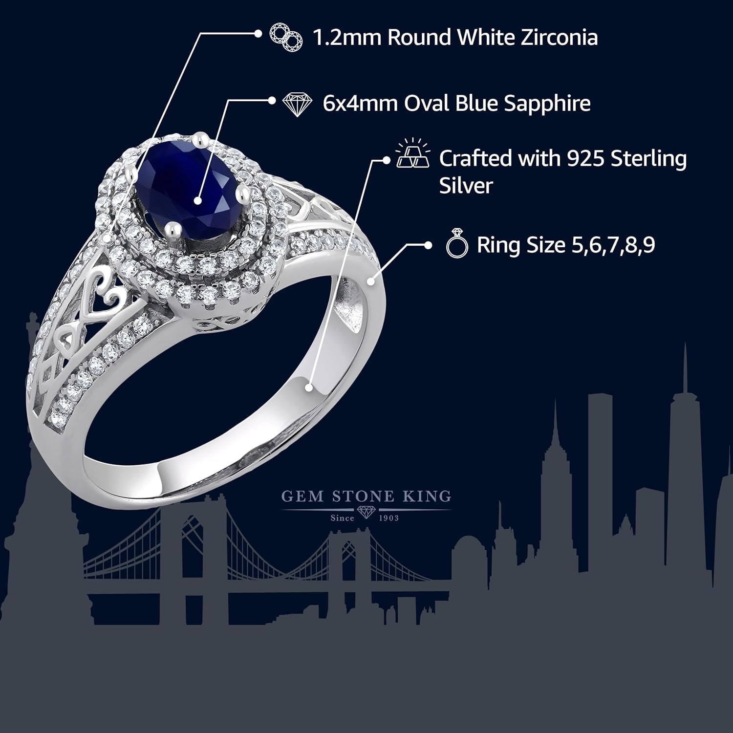 1.41 Cttw Blue Sapphire Engagement Ring for Women | 925 Sterling Silver | Center Stone: 6X4MM | Gemstone Birthstone | Wedding Anniversary Ring | Available in Size 5, 6, 7, 8, 9 - WORLD TIME VISITS