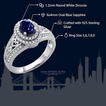 1.41 Cttw Blue Sapphire Engagement Ring for Women | 925 Sterling Silver | Center Stone: 6X4MM | Gemstone Birthstone | Wedding Anniversary Ring | Available in Size 5, 6, 7, 8, 9 - WORLD TIME VISITS