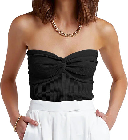 Women Crop Tube Tops Bandeau Strapless Ribbed Knit Twist Knot Y2K Corset Tanks Top 2025 Summer Vacation Outfits
