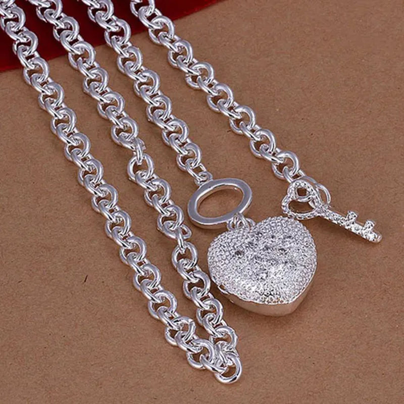 925 Sterling Silver Cute Crystal Heart Pendant Bracelet Necklace Set for Woman Wedding Engagement Party Charm Jewelry Gift