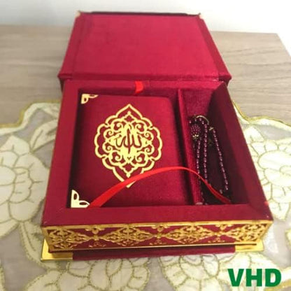 Velvet Covered Quran Tasbeeh Islamic Gift Set, Holy Quran Prayer Beads Wooden Gift Box, Islamic Birthday, Wedding, Graduation, Eid, Ramadan Gift Favor (Claret Red)