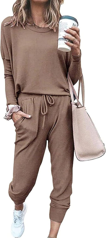 Women'S Fall 2 Piece Lounge Outfit Long Sleeve Crewneck Pullover Tops High Waisted Pants Set Tracksuit - WORLD TIME VISITS