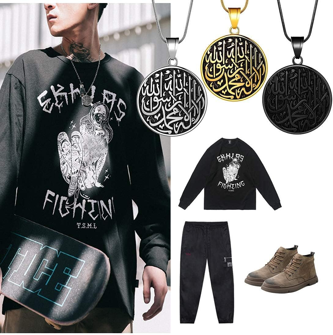 Men Islamic Pendant Necklace - Muslim Allah Necklace Allah Necklace Mens Muslim Islam Pendant 316L Stainless Steel Islamic Arabic Gift Black Gun/18K Gold Plated Islam Jewelry SP0049